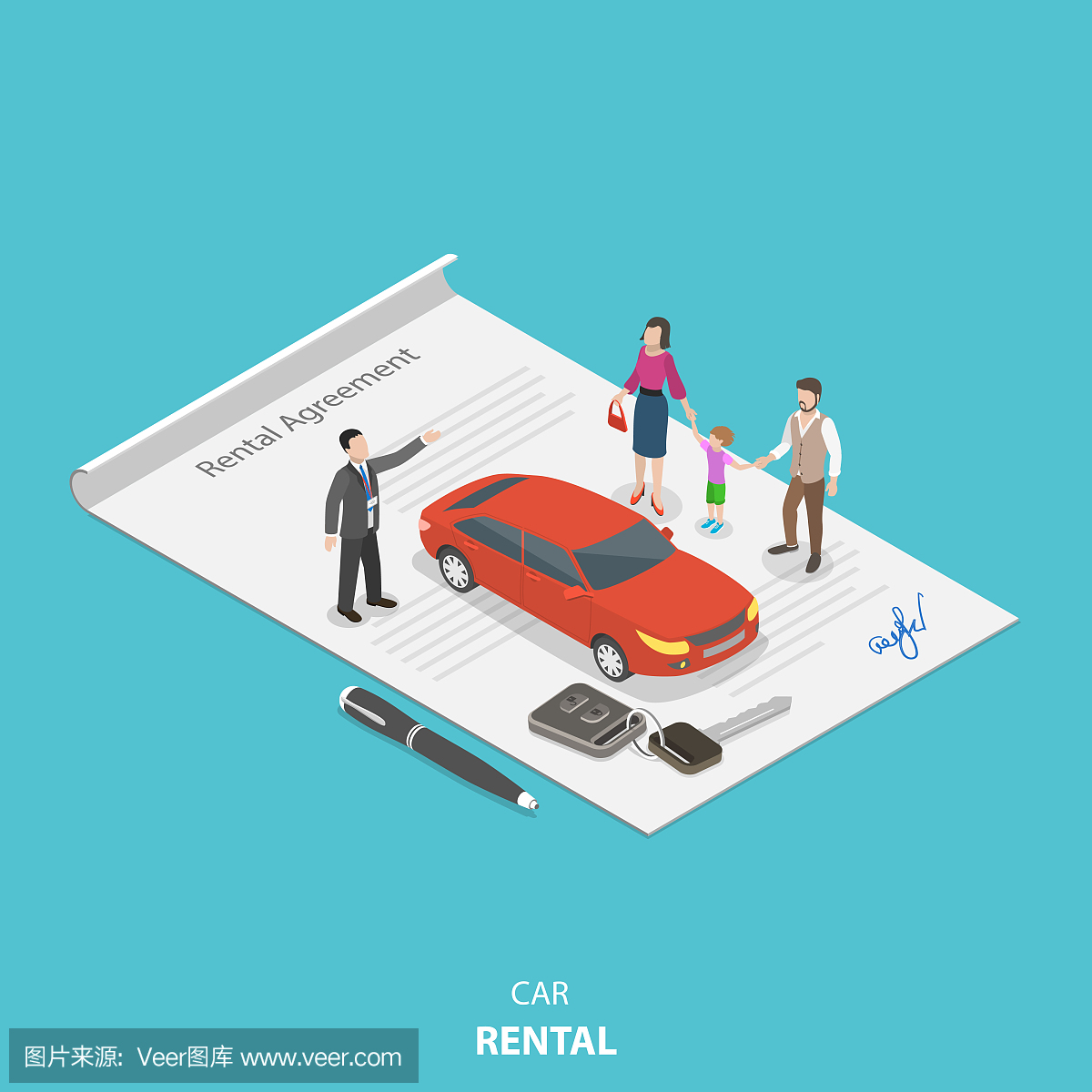 车辆租赁平面等距矢量概念。